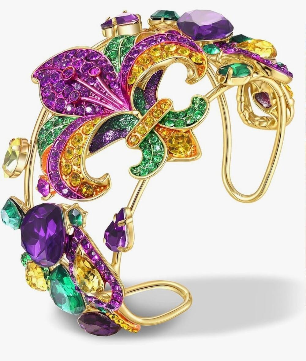Mardi Gras Bracelet for Women Purple Green Gold Crystal Fleur De Lis Cuff Bangle